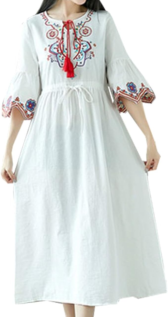 Amazon Co Jp ヴィヴィッドレディ Vividladyワンピース ロング丈 ボヘミアン 刺繍 ワンピース ロング丈 半袖 服 ファッション小物