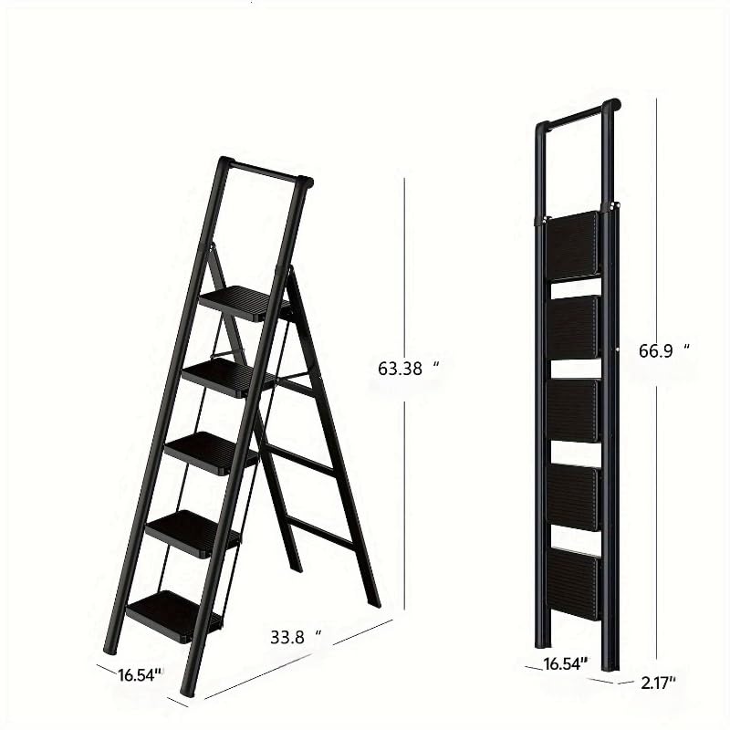 Image of 5-Step Ladder Folding Step Stool, 5-Step Ladder with Anti Slip Wide Pedals, Ladders for Home Kitchen Pantry Office, Lightweight Sturdy Steel Ladder for Adults Portablec