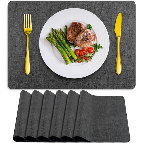 Placemats Set of 6 Washable, Heat Resistant Table Placemats Wipeable Faux Leather Place Mats Non Slip, Waterproof Square Table Mats for Indoor Outdoor, Charcoal Gray