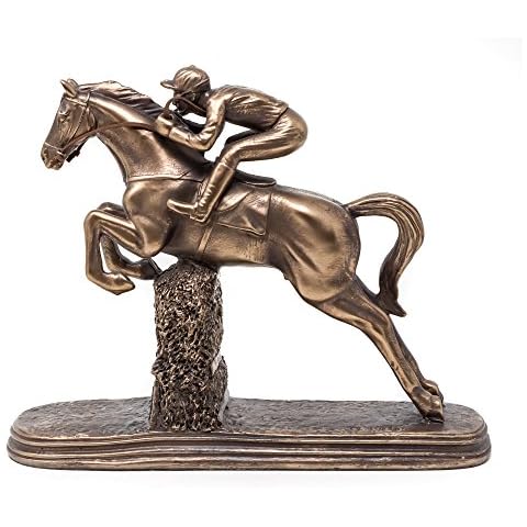 Jumping Horse Racing Statue Bronze Sculpture With Jockey Steeplechaser Ornament Cover