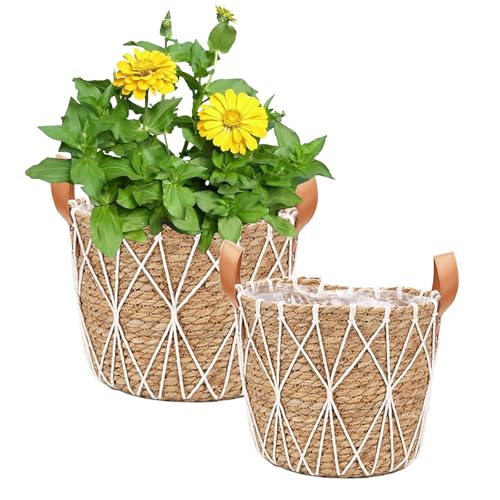 JNRFTY 2 Größen Set Blumentöpfe Geflochten Seegras Pflanzenkörbe,übertopf Korb für Zimmerpflanzen,Übertöpfe mit Griffen 25cm und 29cm Durchmesser