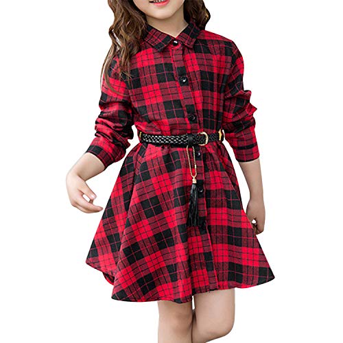 YASSON Kinder Mädchen Kleider Baumwolle Hochzeit festlich Prinzessin Kleider Sommerkleid Langarmkleid Knielang kariert Blusenkleid mit Gürtel 11 Jahre Rot Cover