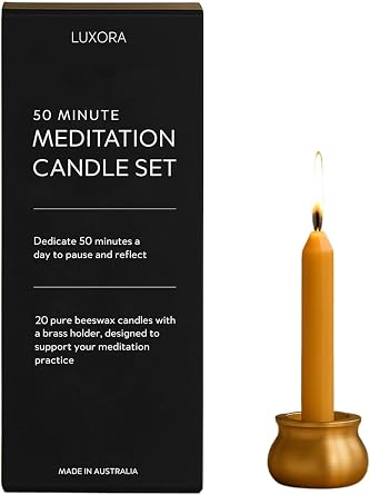 Australian Made 50 Minute Pure Beeswax Candles, Beeswax Meditation Candle Set, Set of 20 mini Candles with Brass Holder, Stress Releif Gifts for Women,Non Toxic Yoga Candle 50 Min Set + Holder