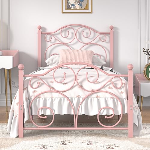 Image of VECELO Twin Size Bed Frame with Headboard and Footboard, Heavy Duty Metal Slat Support, Platform Mattress Foundation, No Box Spring Needed, Easy Assembly, Light Pink
