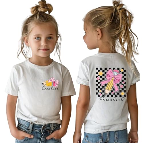 Two Sided Checkered First Day of Second Grade Shirt for Girls, Personalized First Day of Kindergarten Outfits Toddler Girl, Cute Bow Preschool, 1st Grade, All Grades Back to School Shirts for Girls.