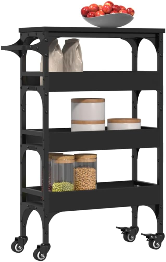 Kitchen Trolley Black Engineered Wood 20.9"x7.9"x29.9" Rolling Kitchen Cart with Wheels Durable Serving Cart Kitchen Storage Cart Mobile Cart for Kitchen Island Cart