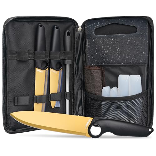 Zantrola Outdoor Santoku Knife Set – 3 Titanium-Coated Knives with Grip Ring Handles, Sharpener,