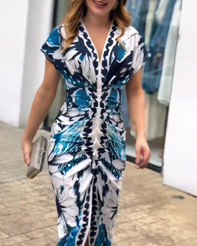Image of CHICME Summer Dresses for Women Floral Print Plunge V Neck Midi Dress Casual Ruched Slit Bodycon Party Dress