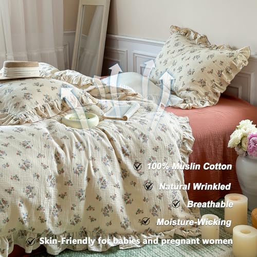 Image of VM VOUGEMARKET 100% Muslin Cotton Duvet Cover Set Twin for Teen Girls,Vintage Flower Comforter /Quilt Cover with Romantic Ruffles,Soft, Breathable & Lightweight