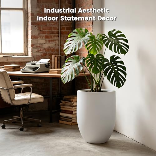 Image of Kante 21.7 inch H Snow White Concrete Planter, Lightweight & Crack-Resistant Large Pot with Drainage Hole & Rubber Plug, Modern Textured Round Container for Home Garden Gift