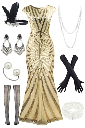 Image of Women Evening Maxi Long Dress 1920s Sequin Mermaid Hem Wedding Prom Gown Costume w / 20s Gatsby Accessories Set