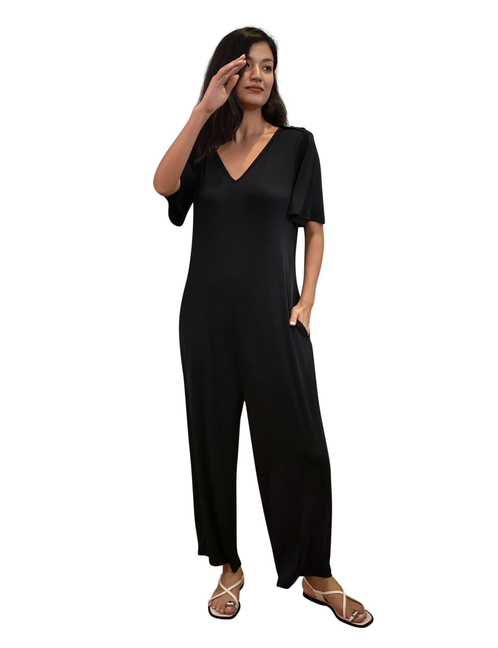 Enorsia Women's Black Ankle Length Wide Leg Jumpsuit - Uk 14