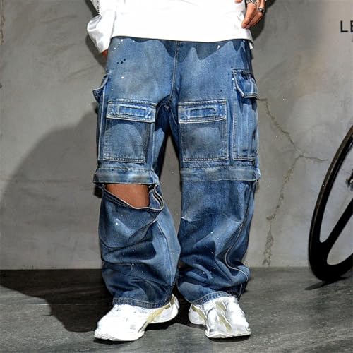 Men’S Chic Straight Fit Distressed Baggy Detachable Denim Cargo Pants Full Length Button Fly Midweight Multi Pocket4
