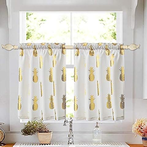 OREMILA Kitchen Curtains 24 Inch Tier Curtains for Living Room Pineapple Cafe Curtains for Bathroom Metallic Print Golden Pineapple Short Window Curtain Set, Rod Pocket 2 Panels Cover