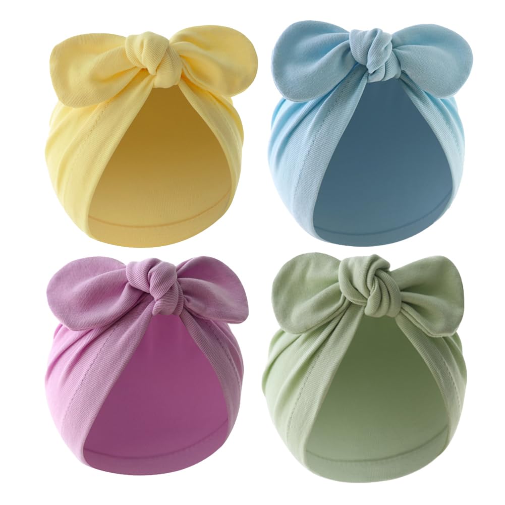 ILUFAM4PCS Newborn Baby Bow Knot Turban Hat Infant Toddler Hospital Hat Cotton Head Wrap Beanie Cap