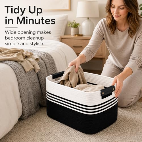 Image of Cotton Rope Laundry Basket Medium, 15.4GAL Collapsible Woven Storage Baskets for Living Room Kids Toys Stuffed Animal,Boho Rectangular Decorative Short Hamper for Dirty Clothes, Blankets White Black