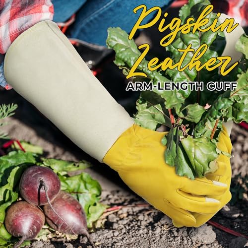 Image of HANDLANDY Rose Pruning Gloves for Men Women, Thorn Proof Gardening Gloves | Long Leather Gardening Gloves, Breathable Leather Gauntlet, Best Garden Gifts & Tools for Gardener (Butter Yellow, S)