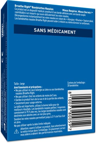 Breathe Right Original - Bandelette nasale - Taille Large - Sommeil : aide à réduire les ronflements - Rhume, allergies, sport : vous aide à mieux respirer - couleur peau, 30 pièces