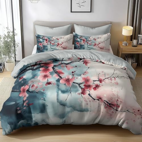 Générique Housse de Couette 200x200 cm Peinture Chinoise De Fleurs De Cerisier Ado 3D Imprimé 3 Pièces Parure De Lit en Coton Polyester, Parure de Couette...