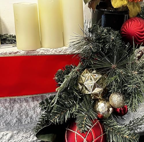 Image of Gold Edge Red Velvet Ribbon - 4 inch x 10 Yards, Wired Edges, Holiday Decor, Garland, Gifts, Wrapping, Wreath, Gift Bow, Christmas, Valentine's Day
