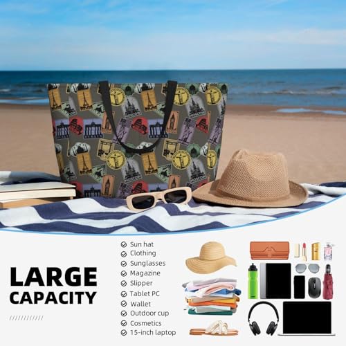 Large Beach Bags Water-resistant Sandproof - Stamp worlds Pattern Cute Beach Tote Bags for Women with Zipper4