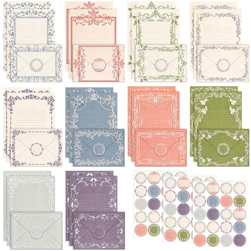 Image of TaoBary 160 Pcs Stationery Paper Set 50 Double Sided Stationery Papers with 50 Matching Envelopes and 60 Round Dot Sticker, 10 design(vintage Lace Frame, 5.5 x 8.25 Inch)