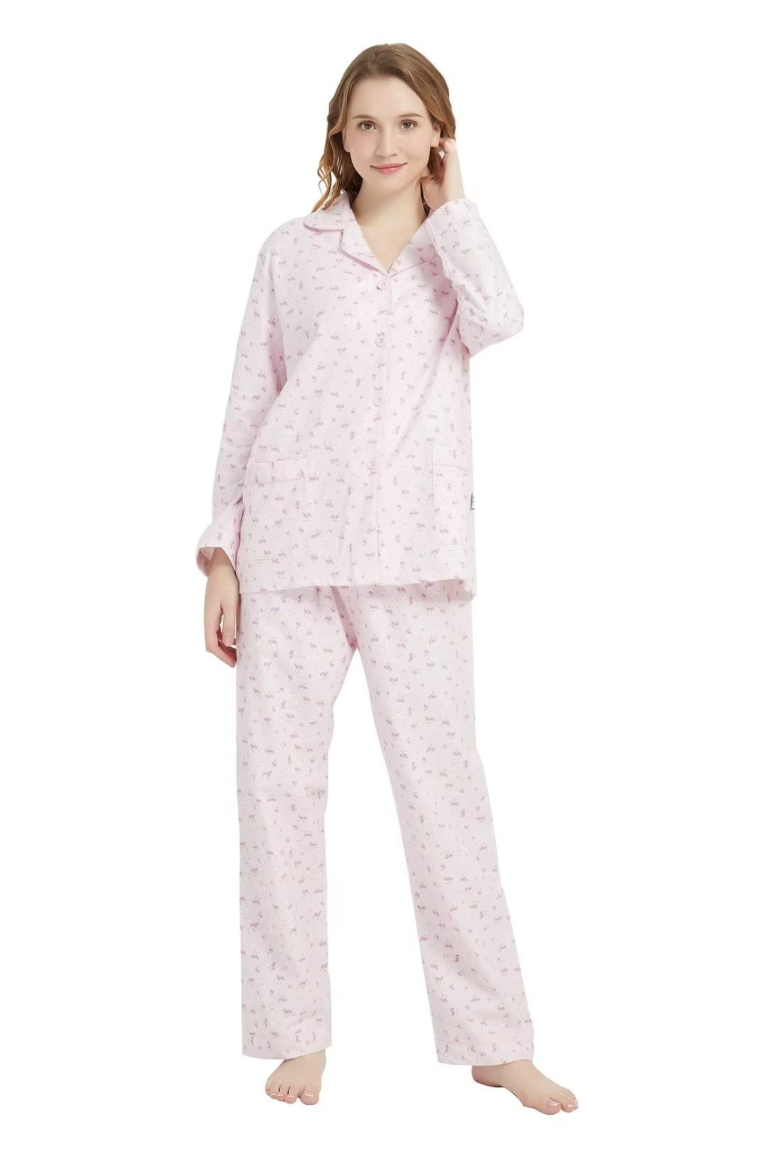 GLOBAL Women's Flannel Pajamas Set – 100% Cotton Long Sleeve Button-Up Top & Drawstring Pants, XL, Warm Sleepwear