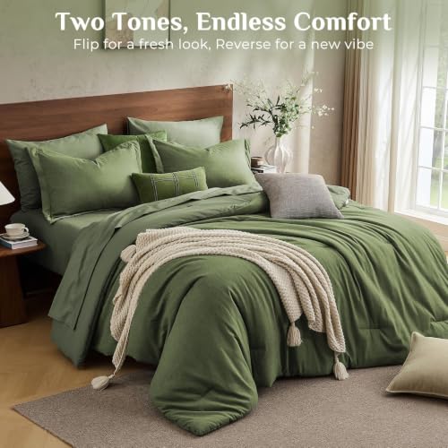 JOLLYVOGUE King Comforter Set 7 Pieces Dark Green, Cationic Dyeing Bed in a Bag King, Double-Tone Bedding Set with Down Alternative Comforter, Sheets, Pillowcases & Shams β image 4