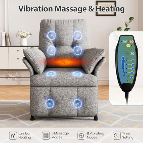 Image of Power Recliner Chair for Adults with Heat & Massage - Linen Electric Reclining Sofa with Remote Control, 3 Side Pockets, 180 Lay Flat Sleeper for Living Room Home Theater, Light Grey