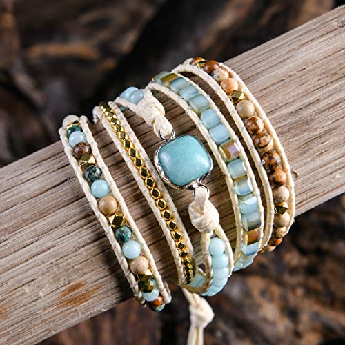 Image of YGLINE Natural Stone Beaded Healing Wax String 5 Wraps Bracelets