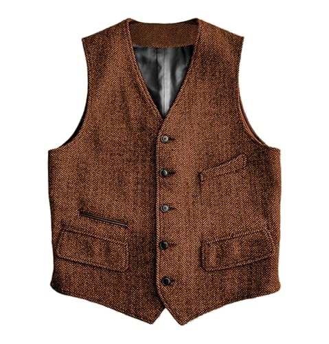 Image of SOLOVEDRESS Mens Vintage Classic Herringbone Pattern Suit Vest V Neck Casual Wool Blend Waistcoat for Men
