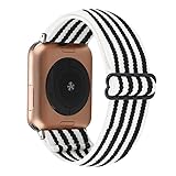 Adjustable Elastic Watch Band Compatible with Apple Watch 38mm 40mm 41mm, Nylon Stretchy Solo Loop Bracelet Women Replacement for iWatch Series SE/7/6/5/4/3/2/1 (Black White Stripes, 38mm/40mm/41mm)