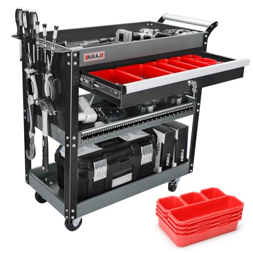 AIRAJ Carro de tres pisos | Taller con cajones | Carro multifuncional para talleres, talleres de reparación y almacén | Carro de taller con ganchos y cajas de piezas |Negro