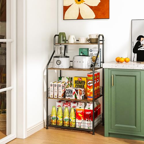 Microwave Stand with Storage 4-Tier, Bakers Racks for Kitchens, Coffee Cart Microwave Cart with Storage, Metal Bakers Rack with Storage, Coffee Cart with 5 S-Hooks - Thumbnail 5