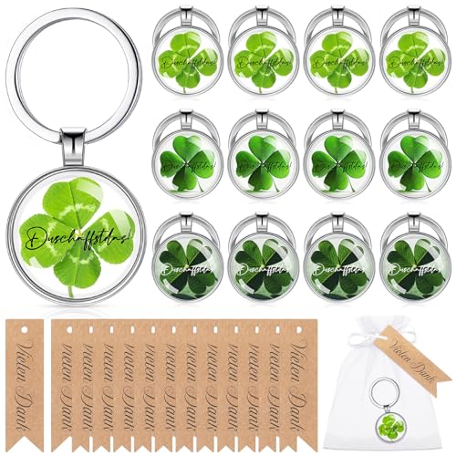 Otuuz 12 Sets Regalos de Agradecimiento para Colegas Inclusivo 12 Piezas Llaveros Trébol 12 Piezas Etiquetas de Papel de Regalo de Agradecimiento 12 Piezas Bolsas de Organza Regalo de Despedida