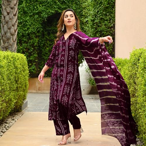 Image of ANNI Designer Women's Rayon Blend Straight Bandhej Printed Kurta with Pant & Dupatta