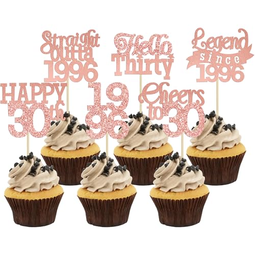 Gyufise 24Pcs Happy 30th Birthday Cupcake Toppers Hello Thirty Legend Since 1996 Cupcake Picks Cheers to 30 Years Cake Decorations for 30th Birthday Anniversary Party Supplies Rose Gold