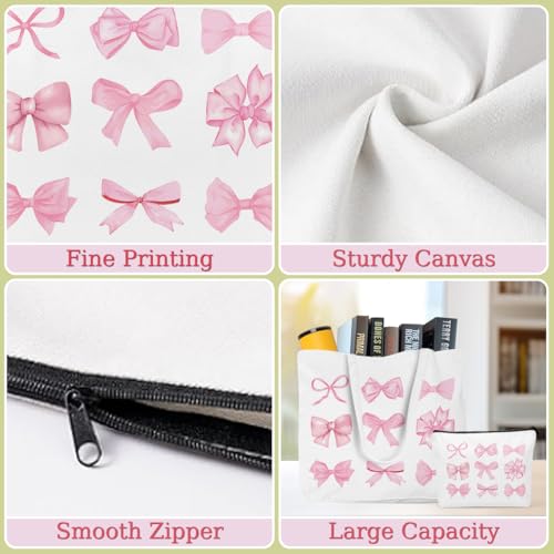 Pink Checkered Bows Canvas Tote Bag Set, Preppy Stuff Gifts for GirlsBirthday Reusable Shopping Grocery Bags4
