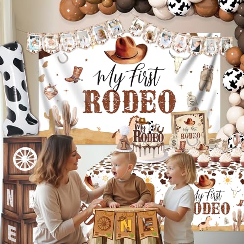 Image of First Birthday Decorations for Boy - My First Rodeo All-in-One Cowboy 1st Birthday Party Kit with Balloon Arch, Vinyl Backdrop & Cowboy Hat (Rodeo Theme)