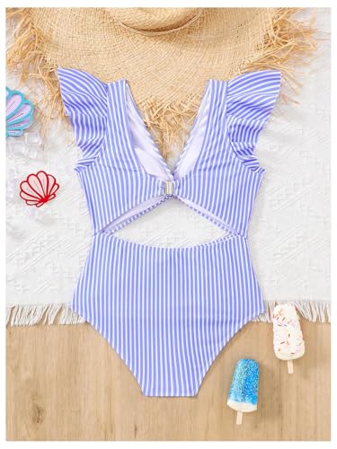 SweatyRocks Girl's Ruffle Cutout One Piece Swimsuit Striped High Waisted Twist Front Bathing Suits2