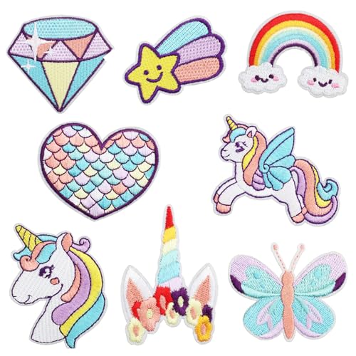 ZOMKIFA 8 Pièces Écusson Thermocollant Enfant Licorne, Patch Brodé Arc-en-Ciel Cœur Papillon, pour Vêtements Pantalon Sac à Dos, DIY Réparation...