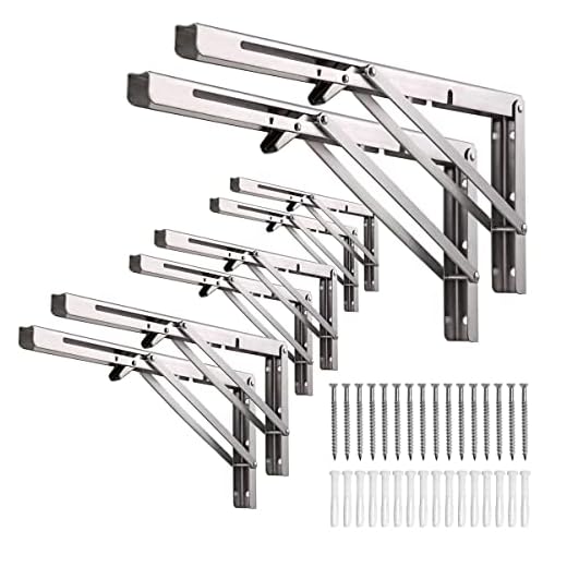 MINGT Folding Shelf Brackets - Heavy Duty Metal Collapsible Shelf Bracket for Bench Table, Shelf Hinge Wall Mounted Space Saving DIY Bracket (6-Inch, 8 pcs)