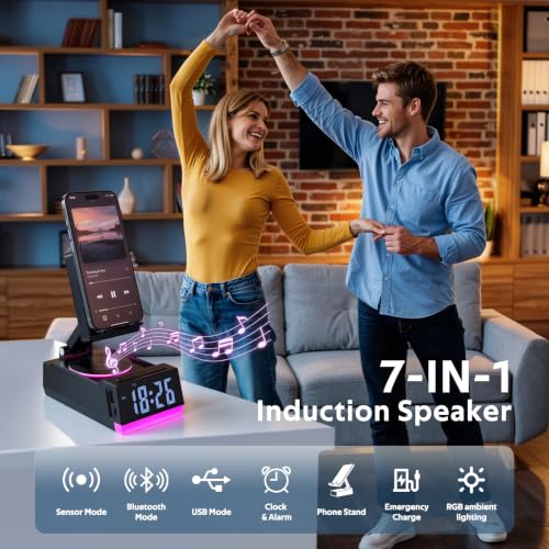 Birthday Gifts for Men Women, 7-in-1 Portable Bluetooth Speakers with Cell Phone Stand, Unique Gifts for Him Dad Husband Boyfriend, Wireless Induction Speaker, 10 LED Light - image 3