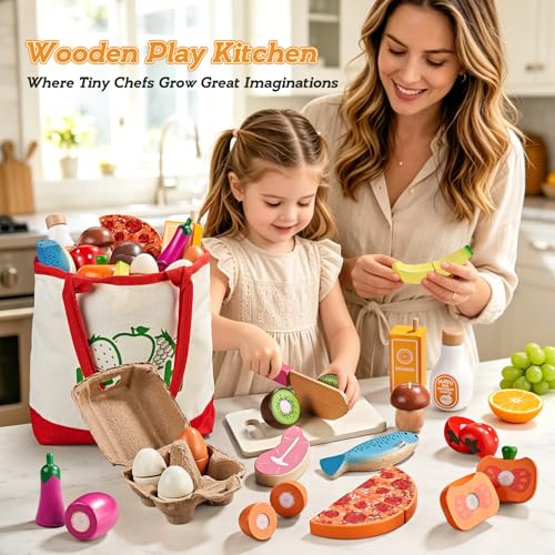 LAUGIGLE Wooden Play Food Sets for Kids Kitchen, Montessori Toy Food with Pizza Toy, Easter Eggs, Pretend Food Play Kitchen Accessories, Cutting Fake Food with Canvas Tote Bag, Birthday Christmas Gift - Image 2