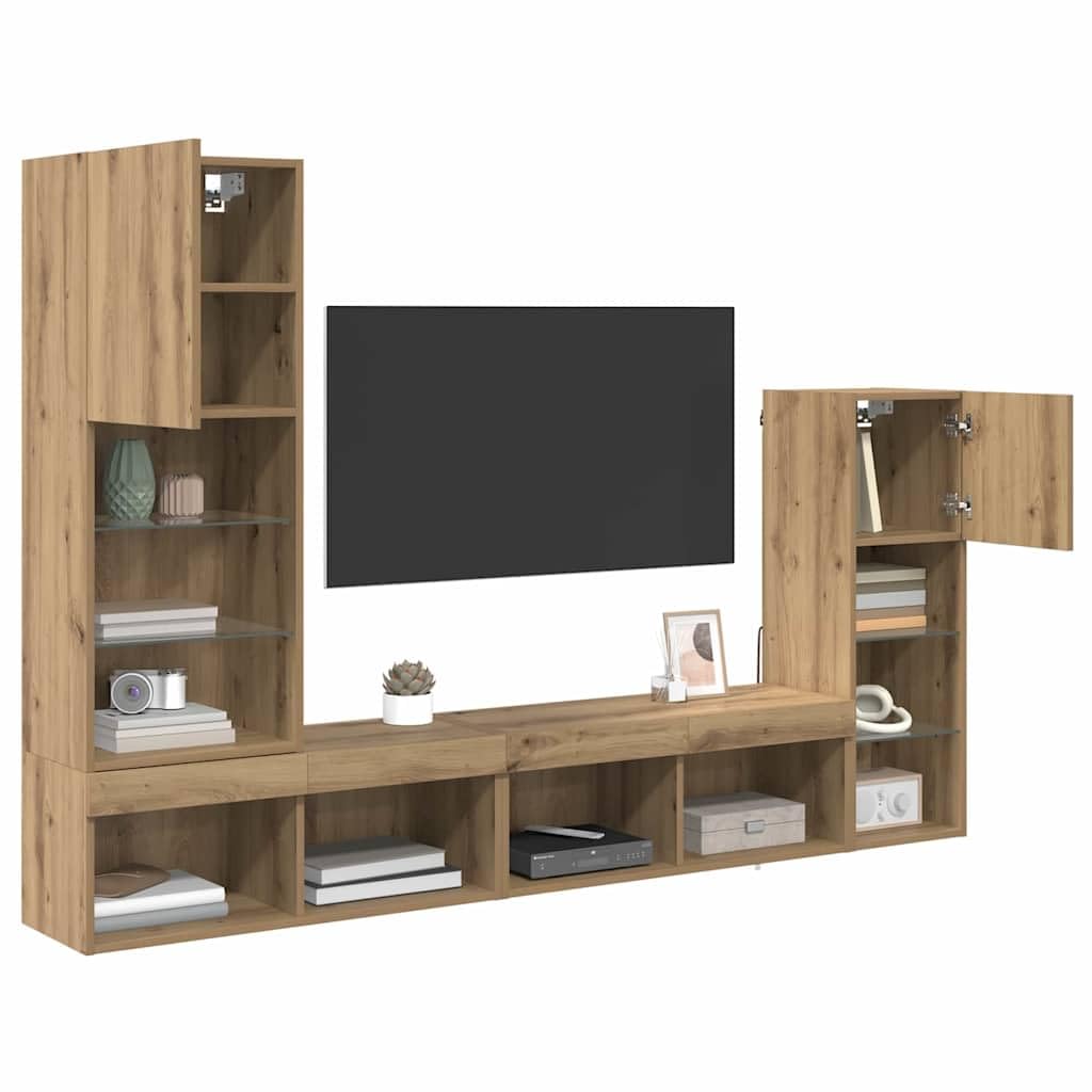 TV-Wandgeräte Wandmontiert 4-TLG Artisan-Eiche Holzwerkstoff mit LED-Beleuchtung 13 Regale 2 Türen Stauraum-Schrank Wohnzimmer Regal-Set Modern Media Center