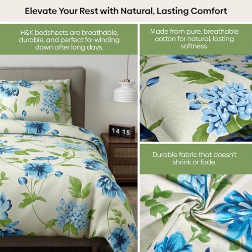 Image of haus & kinder Bed Sheet Double Bed 144 TC Pure Cotton Bedsheet for Double Bed Queen Size 100% Cotton Bedsheet Bedding Set - 1 Bedsheet and 2 Pillow Cover Golden Bloom Trellis
