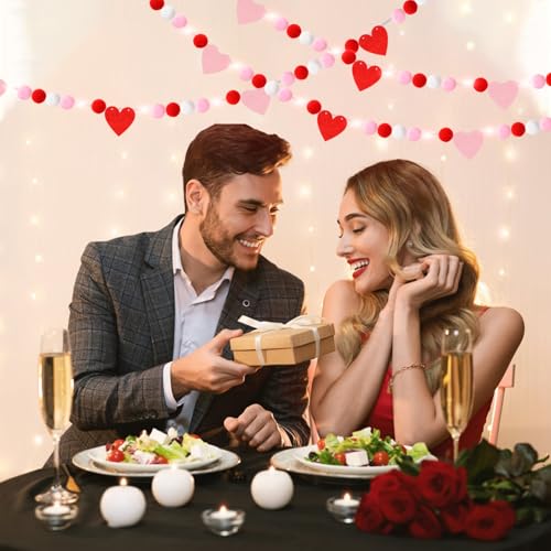 Image of 2 Pcs Valentine's Day Heart Felt Banner with LED Lights Red Pink White Heart Felt Banner Pom Pom Ball Garland Valentine's Day Heart Pompom Hanging Garland for Indoor Home Party Favors