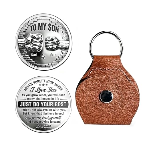 To My Son I Believe In You- Coin Pocket Hug from Dad Just Do Your Best Coin Never Forget How Much I Love You Keychain (Brown)