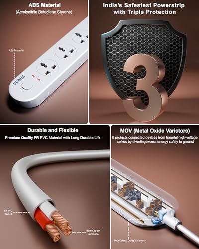 Image of FEDUS Surge Protector, 4 Universal Sockets with Switch, 2 Meter Long Cable, Extension Board Cord, Automatic Overload Protection, Fireproof Power Strip Switch Board, Spike Guard
