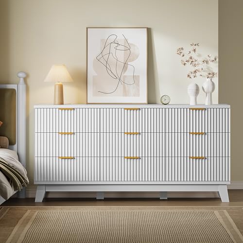 Image of BORNOON Fluted 9 Drawer Dresser, 57.1 inch Wide Modern Boho Chest of Drawers, Wooden Storage Dresser TV Stand for Bedroom, Living Room, Closet, Hallway, Curved Profile Design